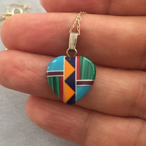 Navajo inlay style pendant & sterling silver chain - Picture 2 of 4